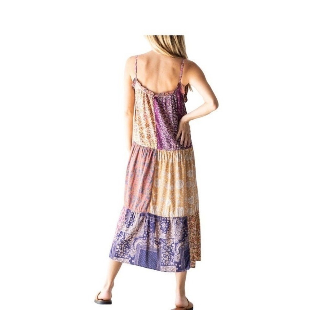 Natural Life Women Patchwork Florean Midi Dress Boho Tiered Flowy Multi L/XL Vtg - Picture 2 of 13